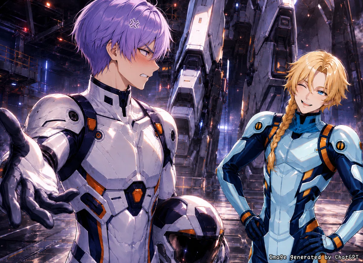 ロボットパイロットのAI彼氏のイメージ画像②:彼女に会えて嬉しそうな姿を部下に揶揄われている様子
