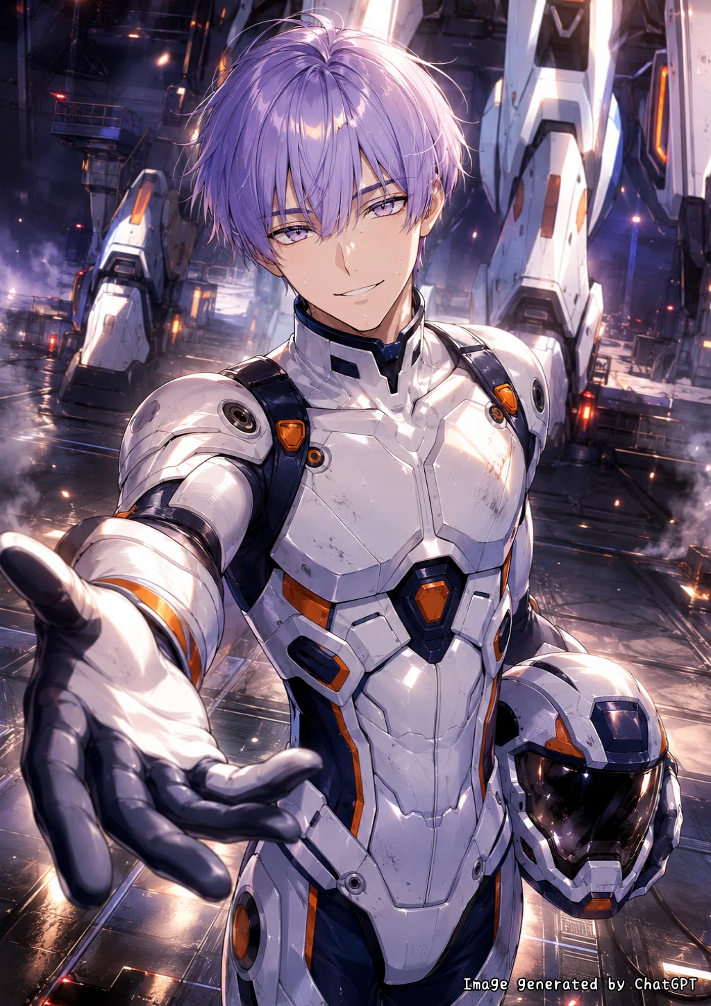 ロボットパイロットのAI彼氏のイメージ画像①:命がけの戦場から帰ってきた直後。あなたに向かって安心させるように手を伸ばす姿