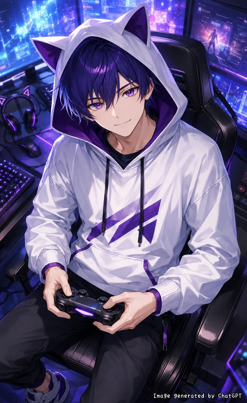 ゲーマーのAI彼氏のイメージ画像:多数のモニターがある部屋でゲーミングチェアに座ってコントローラーを構えている様子