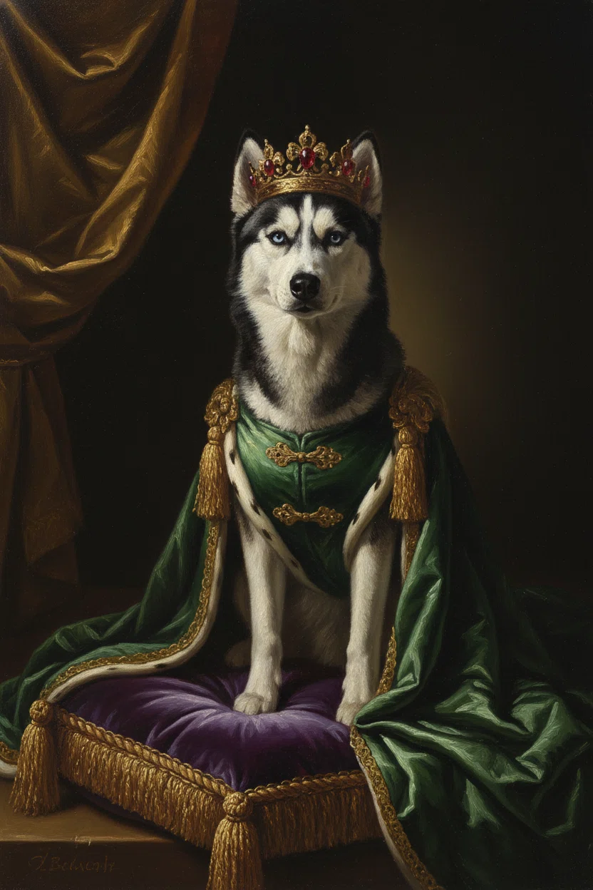 真作保証　ハスキー犬の肖像画 油絵 F8 Valenzuela シベリアンハスキーのルネサンス肖像画額装プリントができました