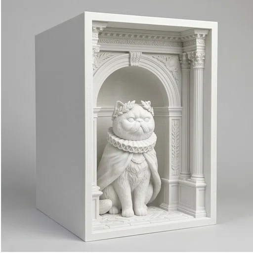 造形アート　猫人間　オブジェ ホワイト 頭のみ エキゾチックショートヘアのルネサンス肖像画ブックヌークができました
