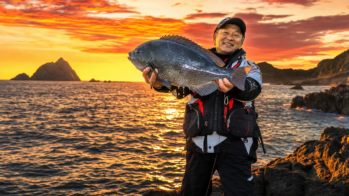 釣れた大きなグレと夕焼けの釣り人