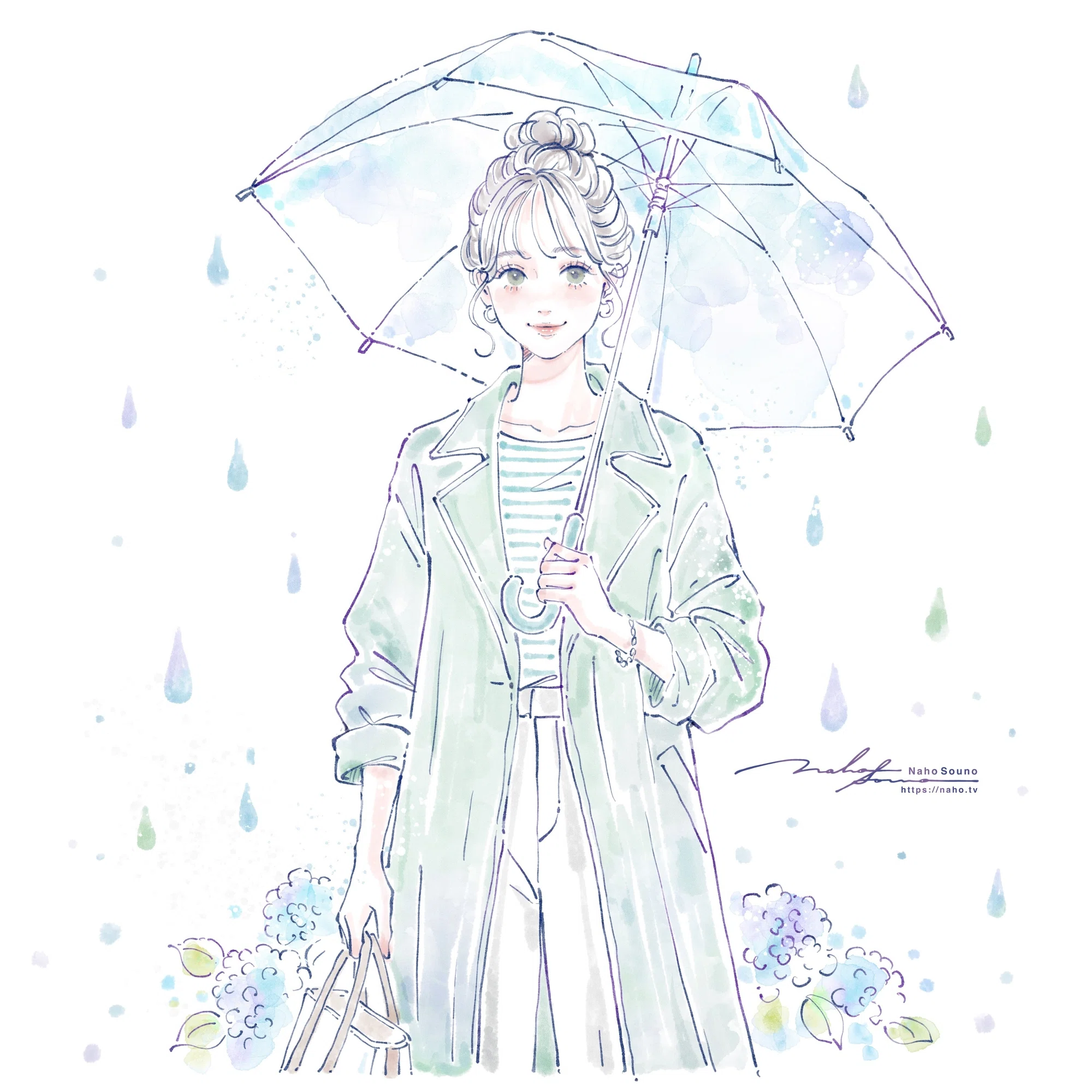 雨の日・傘をさす女性 / イラストレーター ソウノナホ｜ソウノナホ 