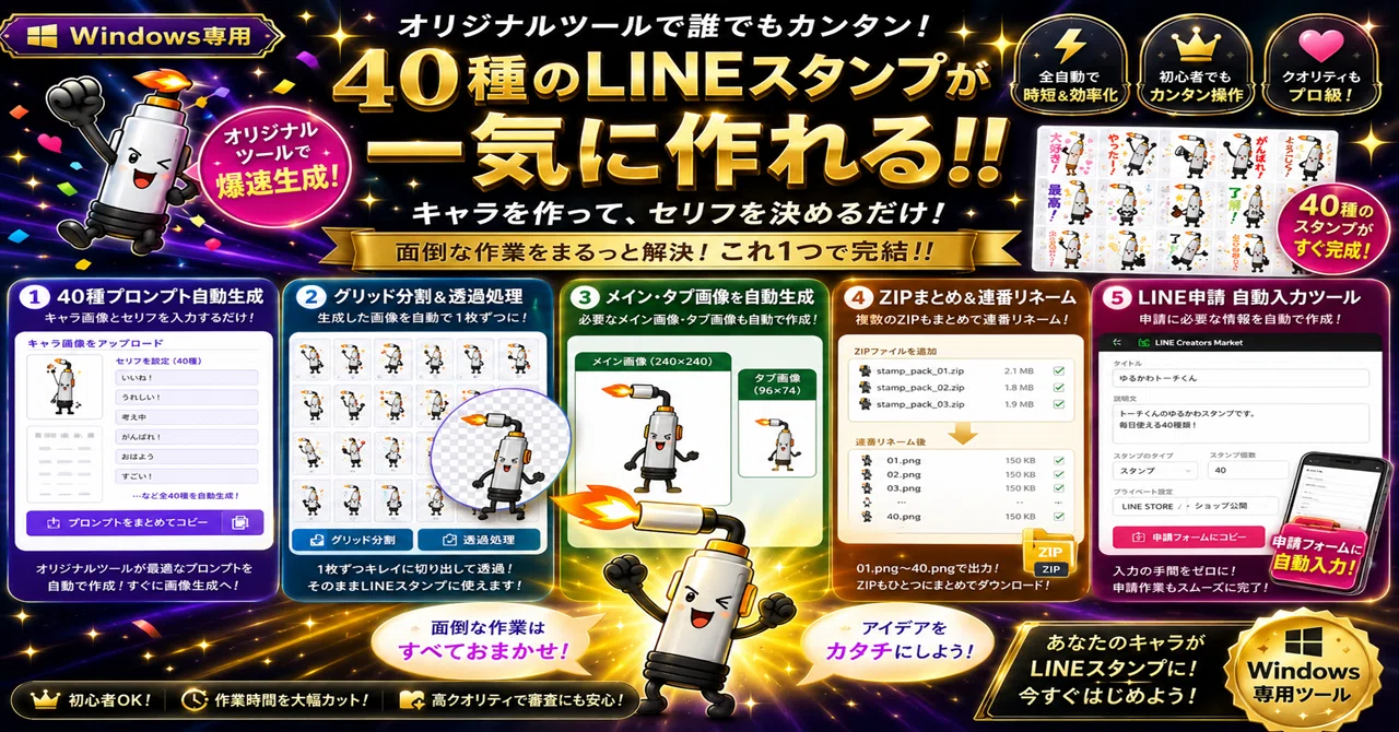 プロンプト自動生成→分割→透過→ZIP出力まで｜LINEスタンプ一括作成