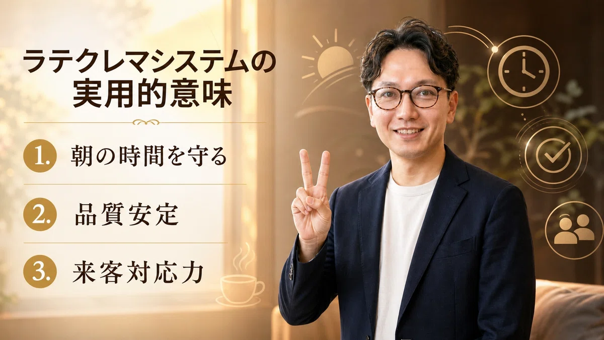 エスワン代表OMASAガラテクレマシステムの実用的な意味を解説、朝の時間管理・品質安定・来客対応力の3つのメリットについて説明している様子