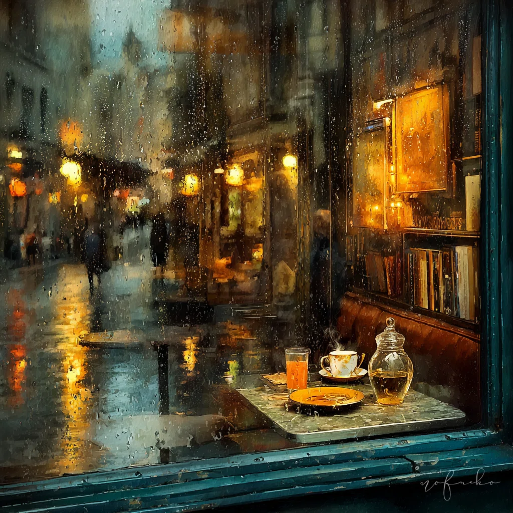 もふねこ美術館｜幻想書架―雨の英国ブックカフェ｜A dreamy watercolor
