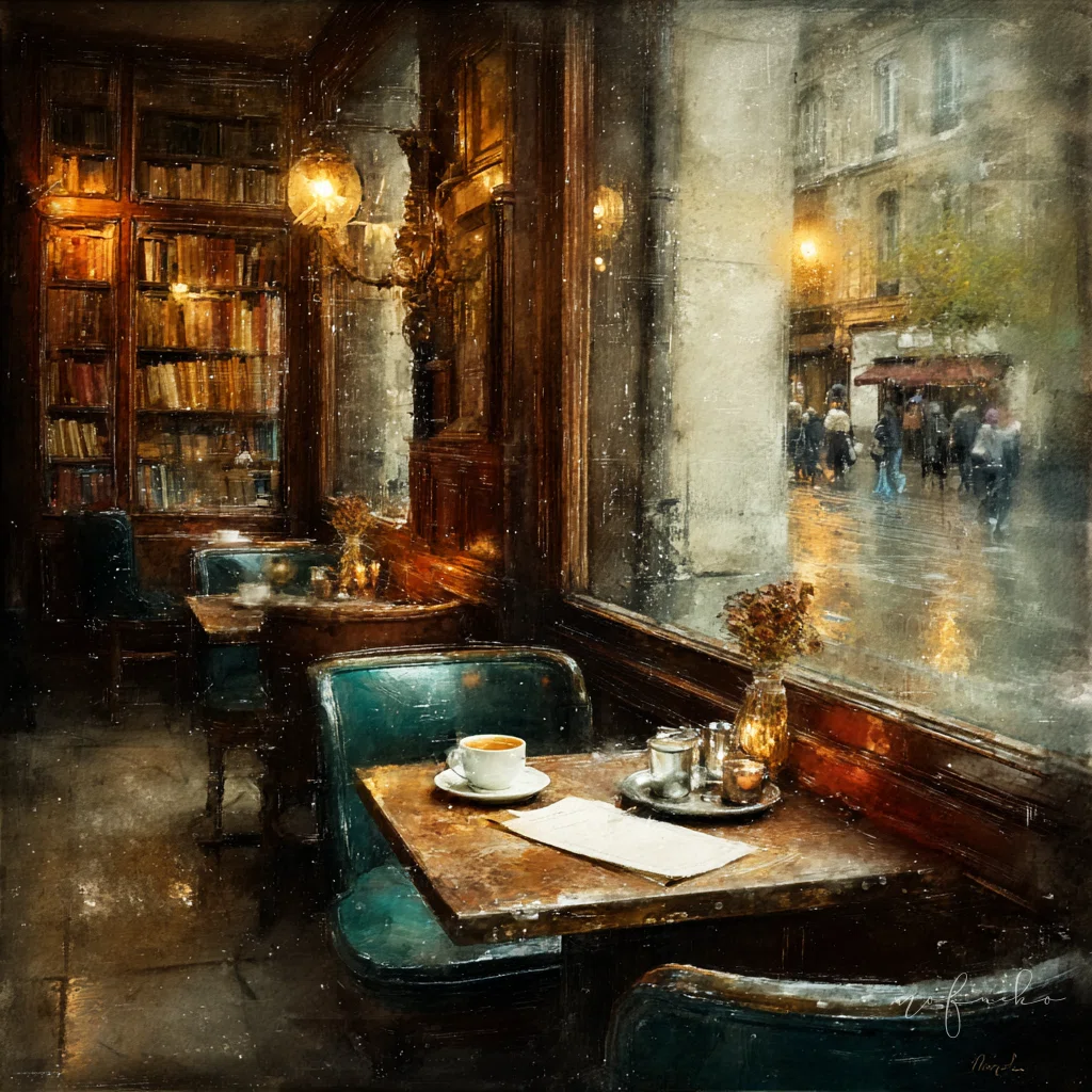 もふねこ美術館｜幻想書架―雨の英国ブックカフェ｜A dreamy watercolor