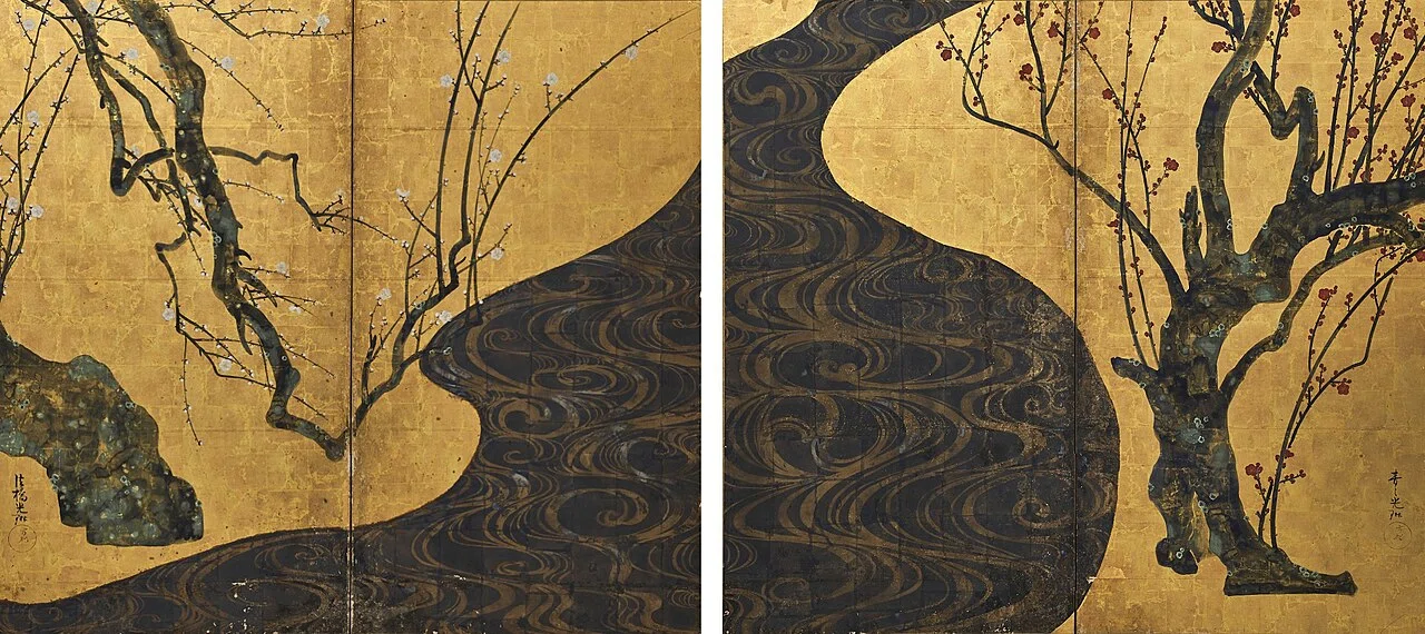 ◇金箔 屏風 鶴と白梅 春浦 5分で増える教養】vol.28 〜「紅白梅図屏風」金地に流れる、止まらない