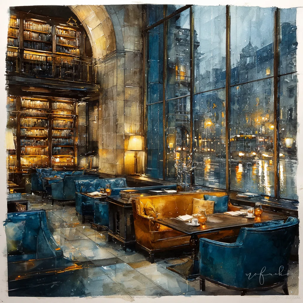 もふねこ美術館｜幻想書架―雨の英国ブックカフェ｜A dreamy watercolor