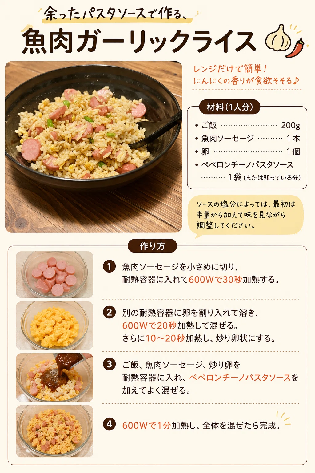 余ったパスタソースで作る、魚肉ガーリックライス｜ボンジー｜画像1枚 