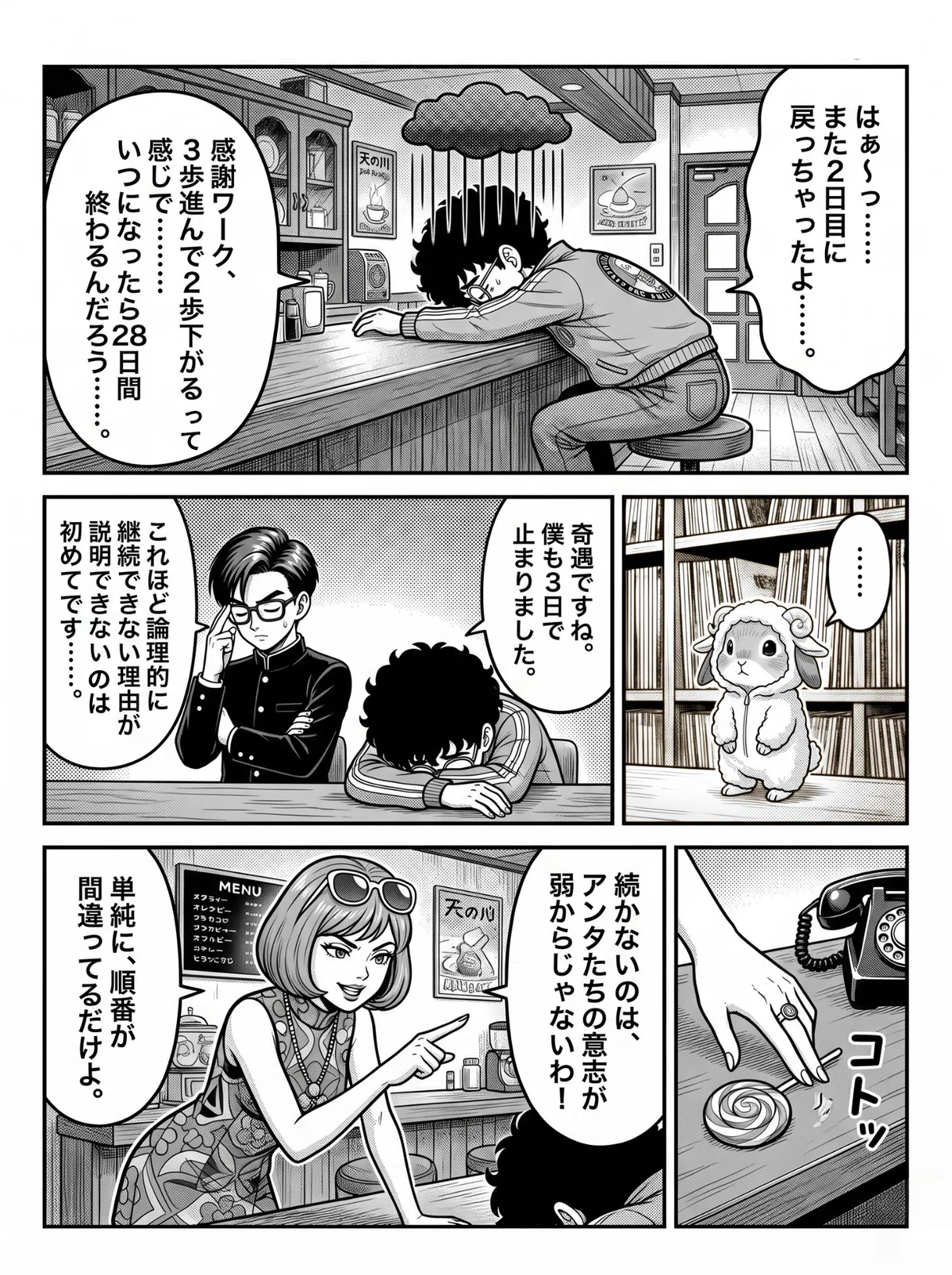 カウンターでオバチャンが「また2日目に戻りました」とため息。有栖川くんも「論理的に説明できない」と眉間にシワ。五十鈴が「順番が間違ってるだけよ」と静かに言う