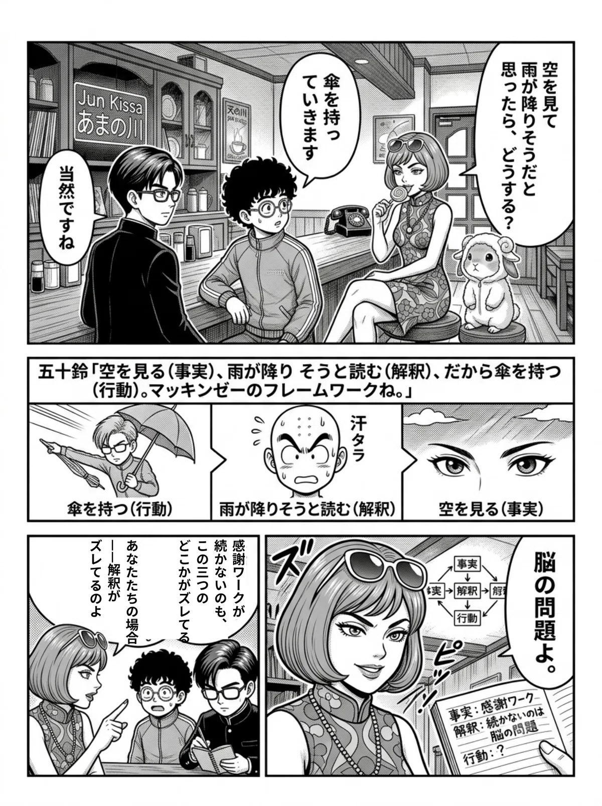 五十鈴が「雨が降りそうなら傘を持つ」と空・雨・傘フレームワークを説明。有栖川くんがメモを取り、オバチャンが「かっこいい名前ですね」と目を丸くする
