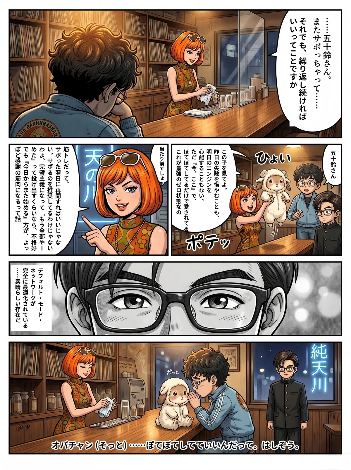 五十鈴がはしぞうをカウンター越しに差し出す。オバチャンが「ぽてぽてしてていいんだって」とつぶやき、有栖川くんが珍しく目を細める