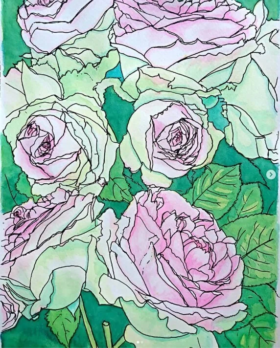 つるバラ　マツモト作　絵画 2026花スケッチ＞お土産のつるバラ：ポール・ボギューズと神代植物公園