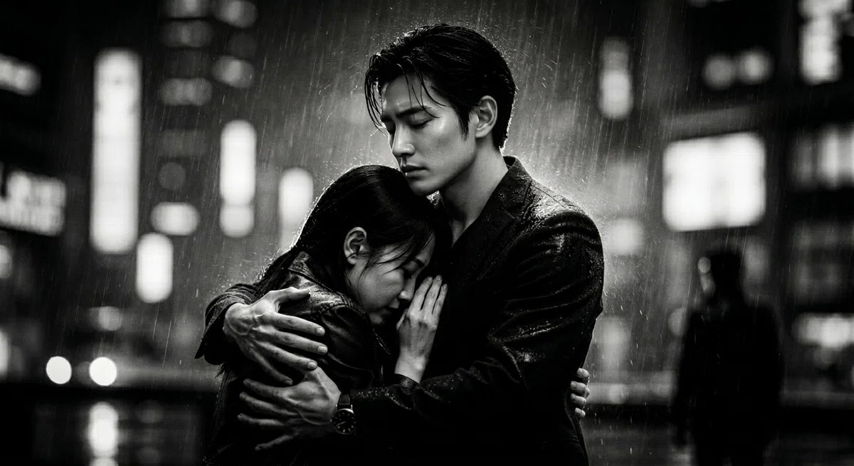 雨に濡れながら抱き合うカイとメイファン。モノクロームの静寂の中で、二人の輪郭だけが浮かび上がる。