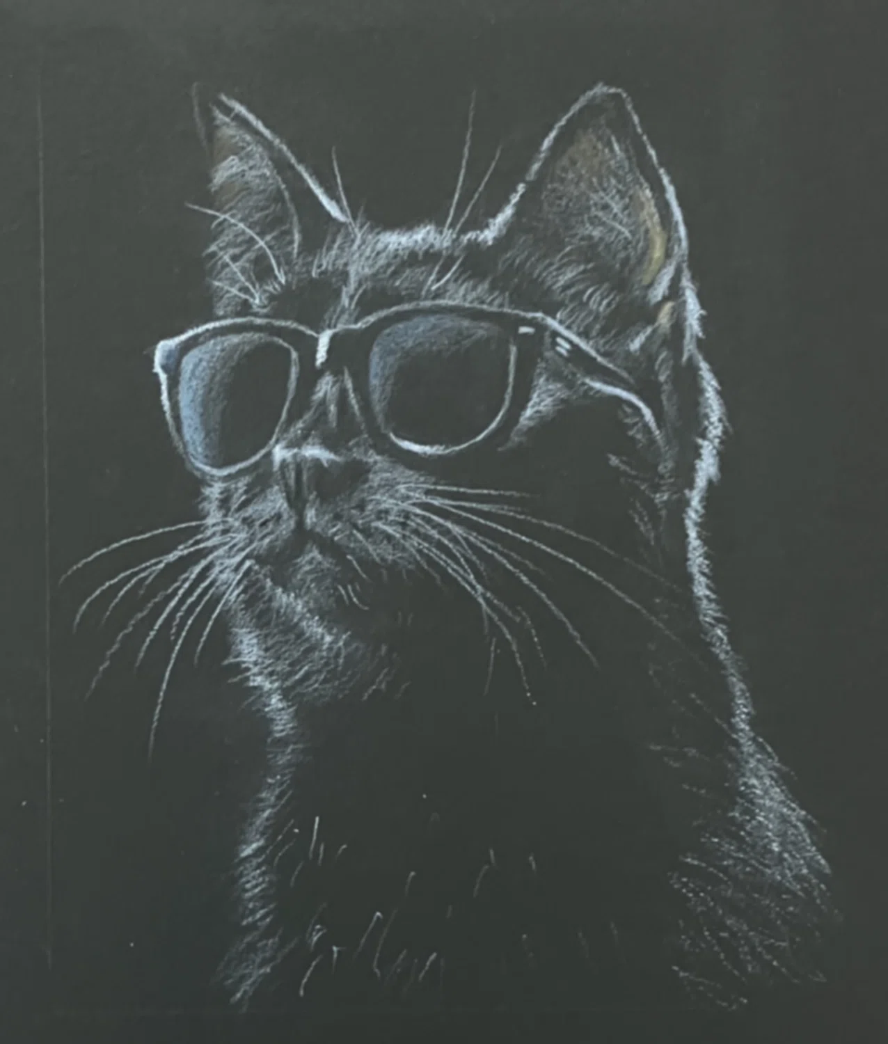 黒厚紙に白色鉛筆で描きました #4/サングラスの黒猫｜Ijin（維人）