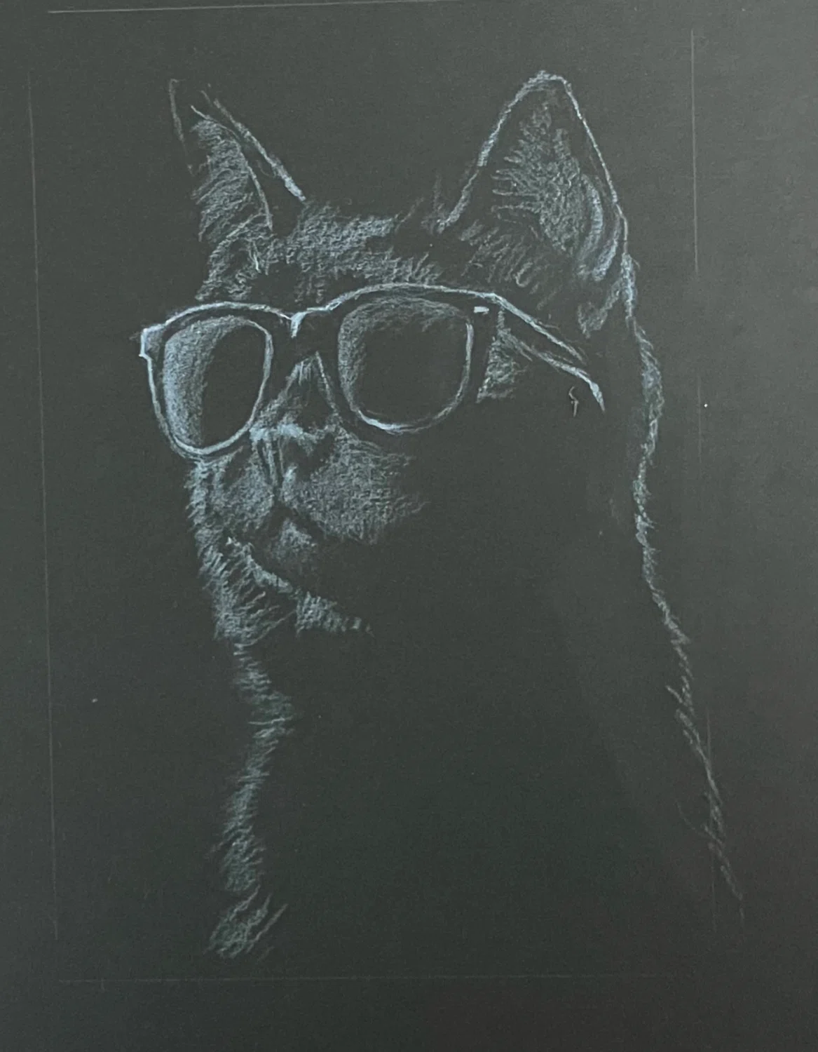黒厚紙に白色鉛筆で描きました #4/サングラスの黒猫｜Ijin（維人）
