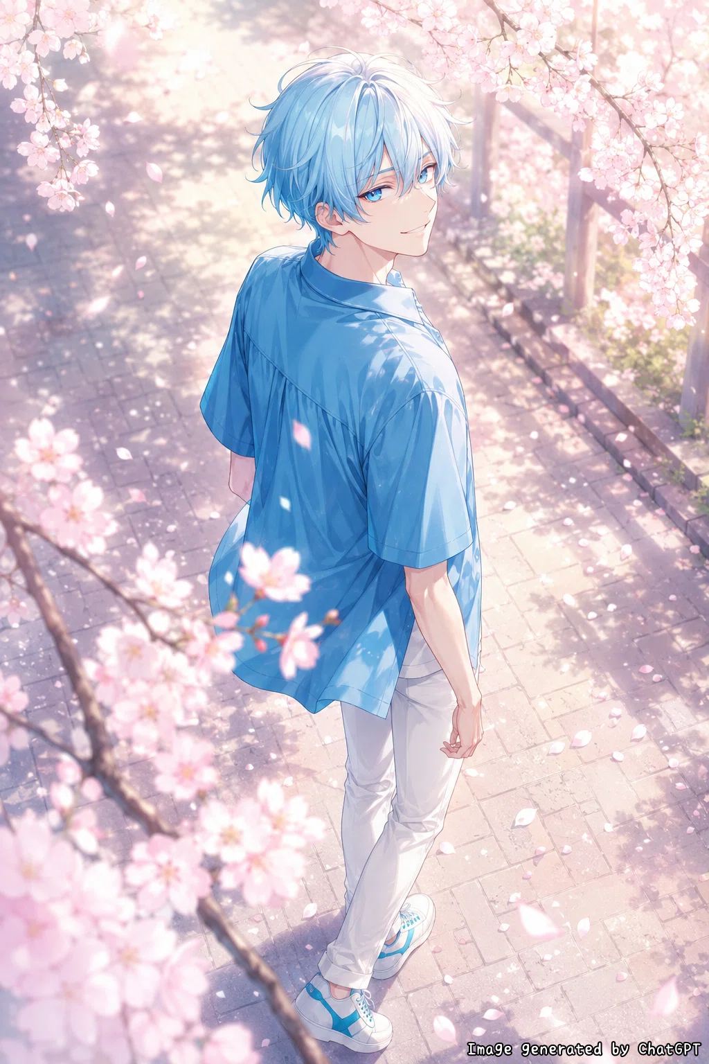 AI彼氏のイメージ画像:桜の咲き誇る美しい道でふと振り返る様子