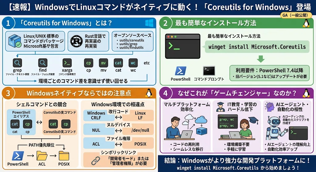 速報】WindowsでLinuxコマンドがネイティブに動く！「Coreutils for