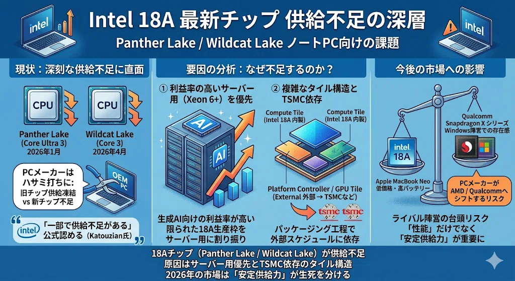 Intel復活の切り札「18A」に暗雲？最新ノートPC向けCPUの供給不足が