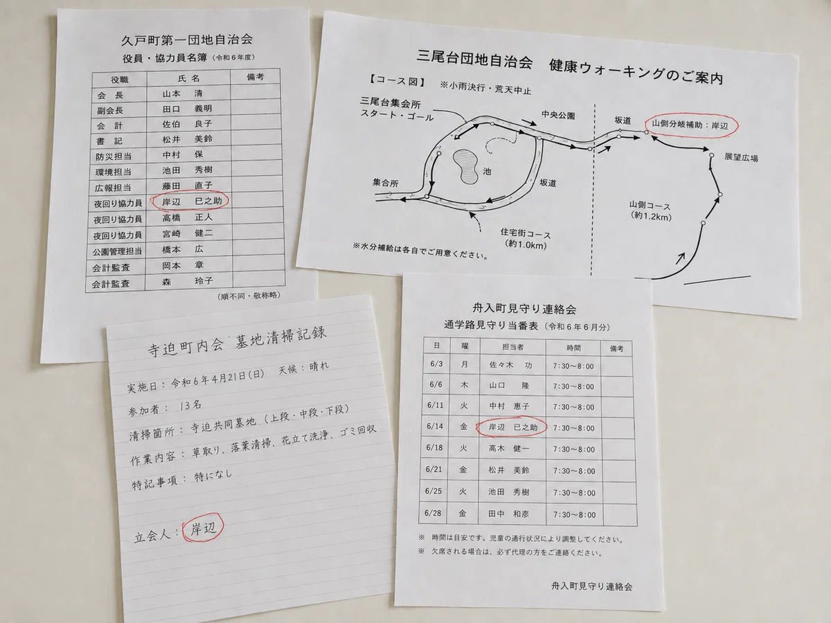 白い机上に、複数の地域資料が少し重なるように並べられている。久戸町第一団地自治会の役員・協力員名簿、三尾台団地自治会の健康ウォーキング案内、寺迫町内会の墓地清掃記録、舟入町見守り連絡会の通学路見守り当番表が見える。それぞれの資料内に「岸辺巳之助」または「岸辺」の記載があり、該当箇所が赤ペンで囲まれている。資料は普通の自治会・町内会書類のように見えるが、異なる地区の資料に同じ人物名が現れている。