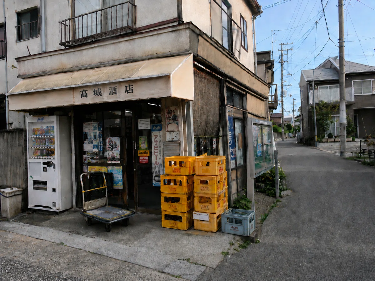 地方都市の狭い生活道路沿いにある古い酒屋の店先を撮影した記録写真。低い庇の下に自動販売機、黄色い酒瓶用のプラスチックケース、空き瓶回収箱、配達用の台車、町内掲示板が並んでいる。店先の黄色いP箱の横には、古びた水色のP箱が一つだけ置かれている。道路は住宅地の間を抜けて奥へ続いており、店先の生活用品が通行人の目に入りやすい位置に置かれている。