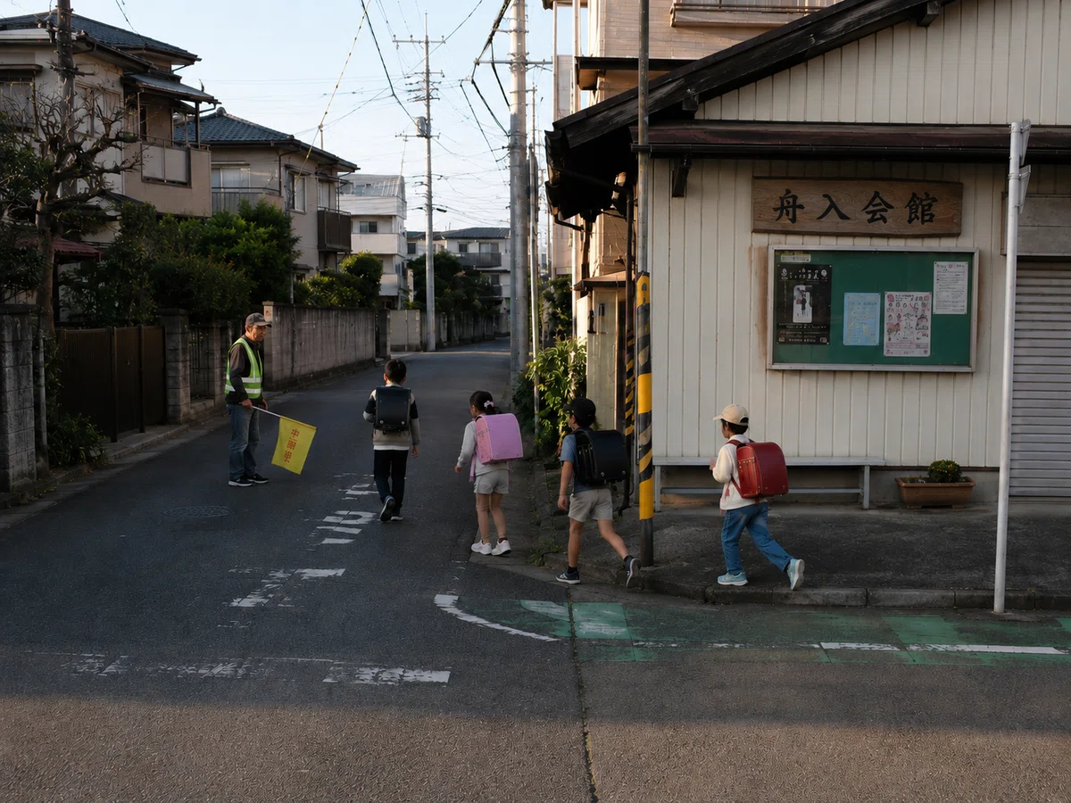 舟入の生活道路にある舟入会館の角を撮影した記録写真。通学中の小学生たちがランドセルを背負って角を曲がっており、道路脇には黄色い旗を持った見守り当番の男性が立っている。右手には木の看板を掲げた舟入会館と掲示板のある建物、奥には住宅、電柱、電線が続いている。普通の朝の通学路の風景に見える。