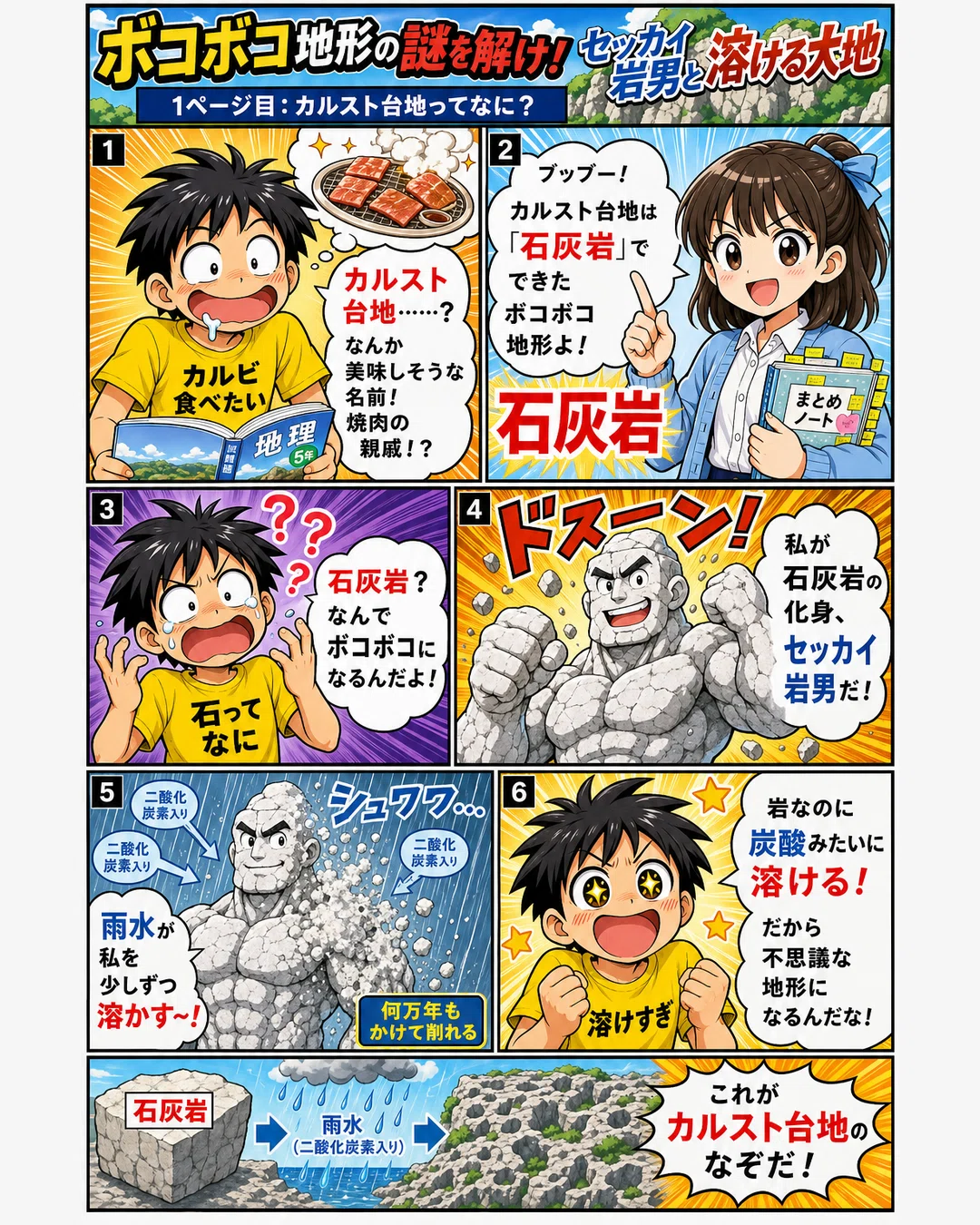 社会】 漫画でわかる「カルスト台地と石灰岩」 雨水で溶ける石？｜中学