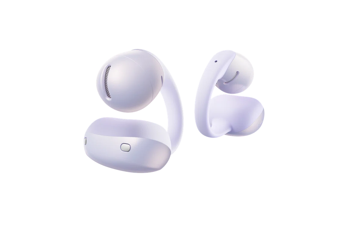 Shokz OpenDots Air パープルのイヤーカフ型オープンイヤーイヤホンと充電ケース