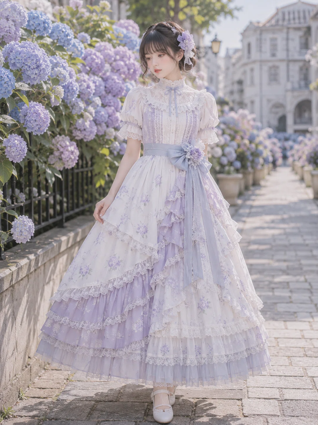 梅雨を彩る、紫陽花カラーの爽やかドレスプロンプト｜しおり