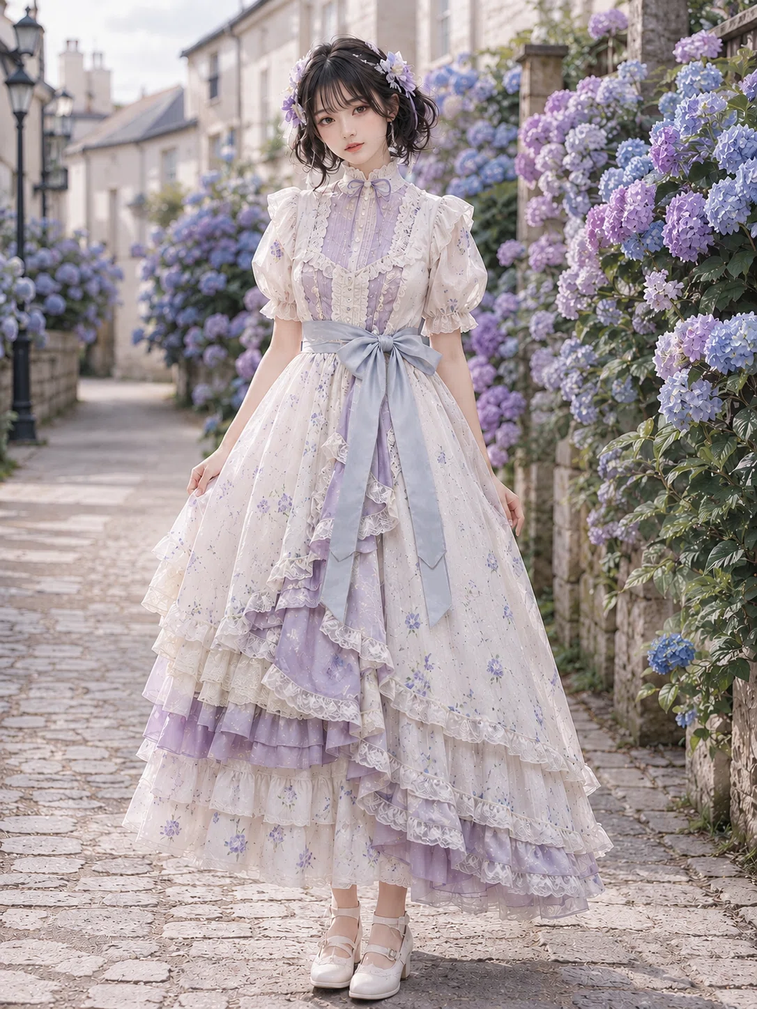 梅雨を彩る、紫陽花カラーの爽やかドレスプロンプト｜しおり