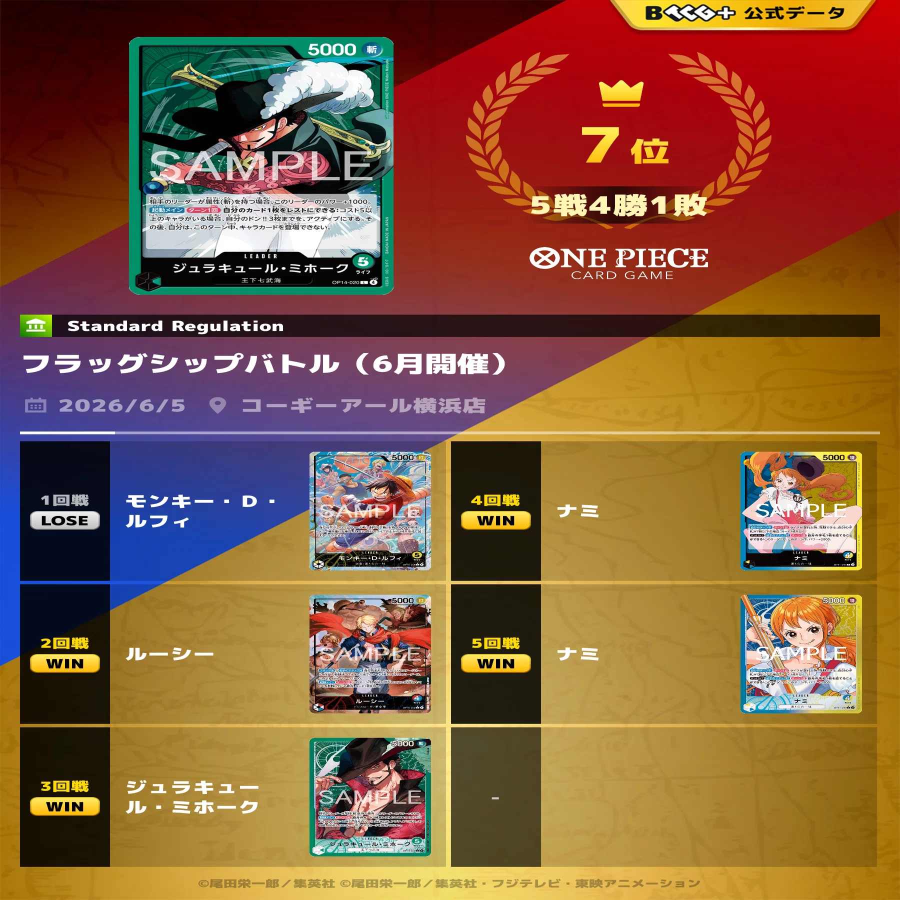 ※破格 パラレル緑ミホーク 計104枚 フラシ優勝デッキ + パーツ + おまけ 緑ミホークで15弾ラストフラシ！4-1入賞｜シュウ