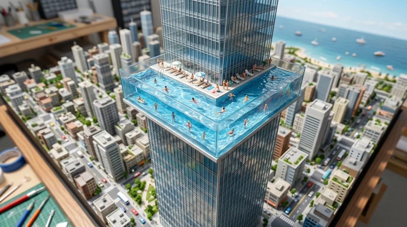 画像】海沿い超高層ビルの屋上に広がる透明スカイプール・ナイトプール