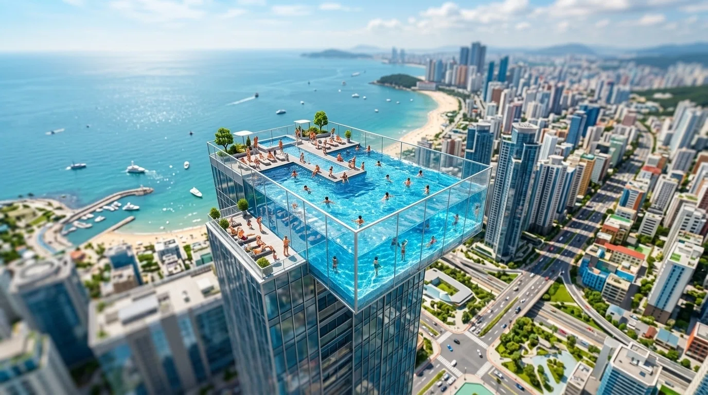 画像】海沿い超高層ビルの屋上に広がる透明スカイプール・ナイトプール