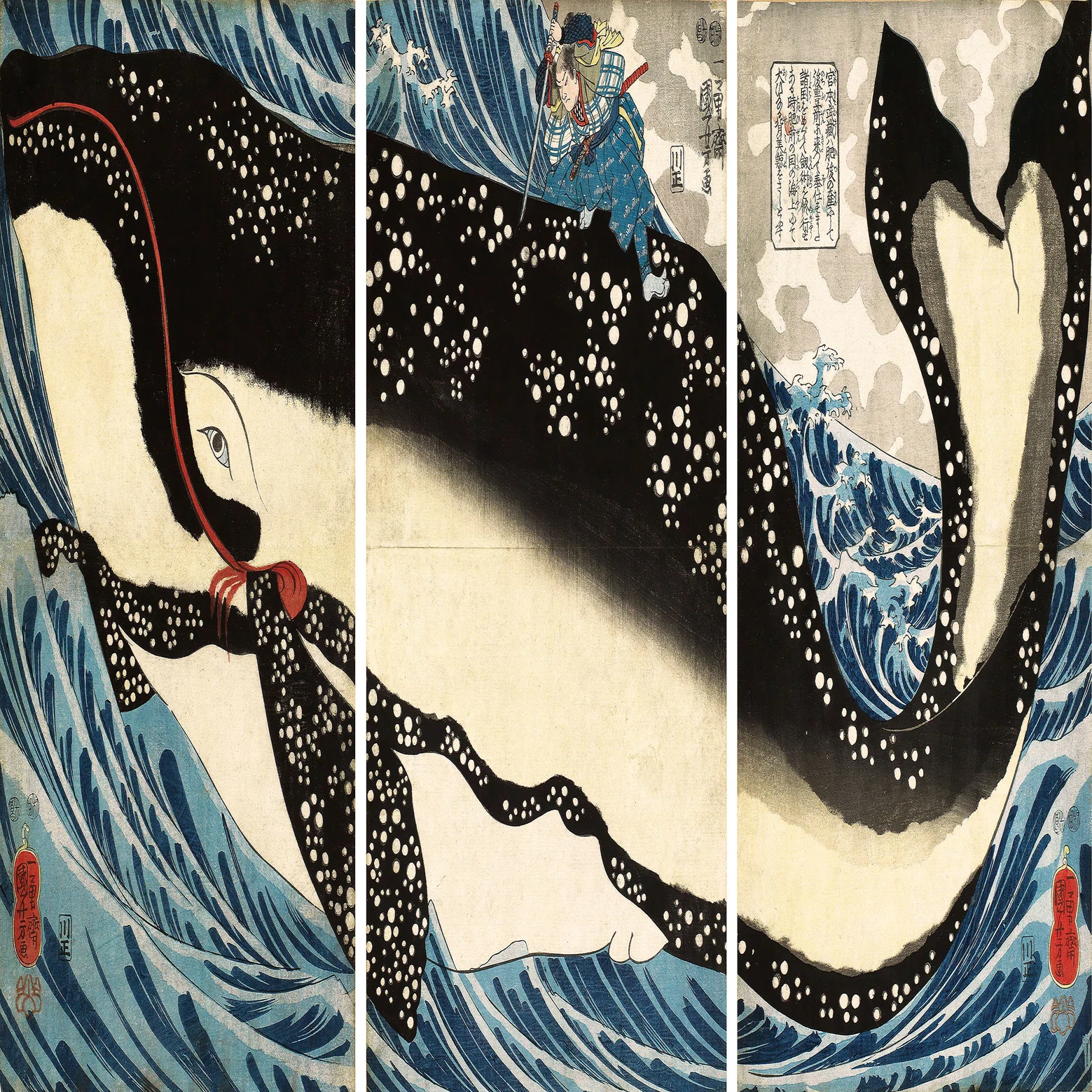 浮世絵風　鯨歯　彫刻 72g 前代未聞の超ド級スケール】歌川国芳『宮本武蔵の鯨退治』。画面をぶち