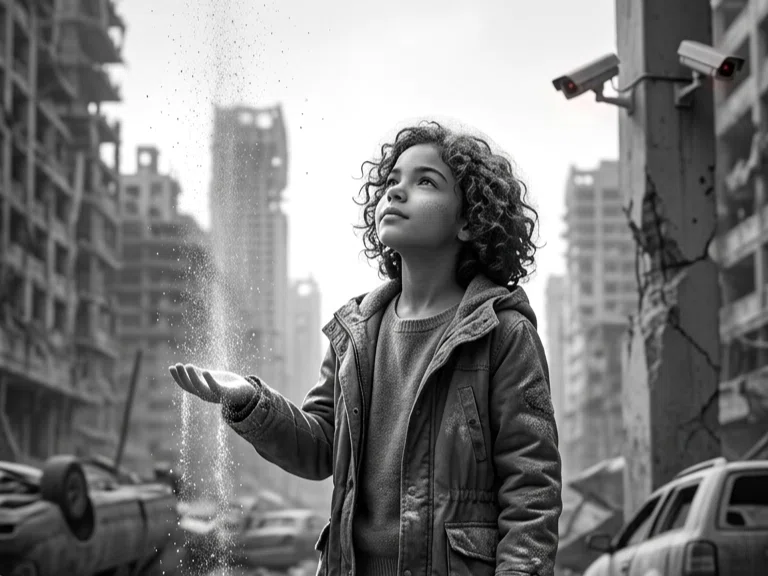 銀の雪に覆われた廃墟の街角で空を見上げる少女。幼い頃のアナの面影を持つ。手のひらに銀の雪を受け止め、その表情に恐怖も恍惚もない静かな受け入れがある。背後に監視カメラの赤いランプがかすかに滲む。