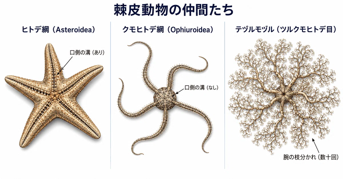 テヅルモヅル・クモヒトデ・ヒトデの形態比較図。棘皮動物の中での分類上の違いと腕の構造を示した科学的イラスト