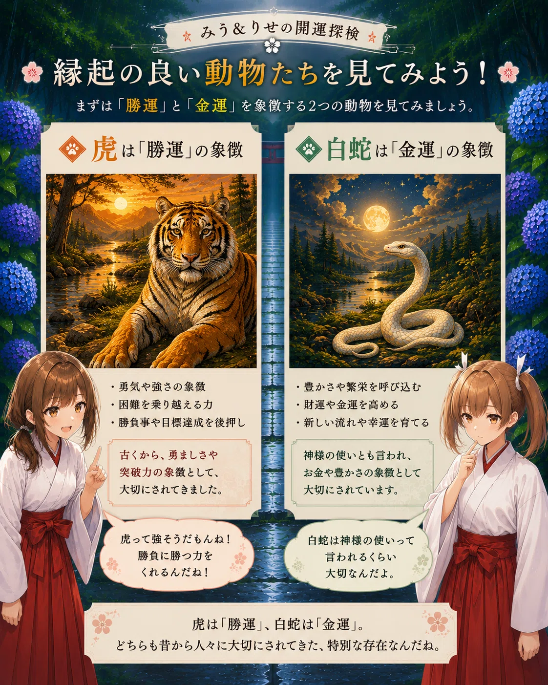 みう＆りせの開運探検】なぜ虎や白蛇は縁起が良いと言われるの