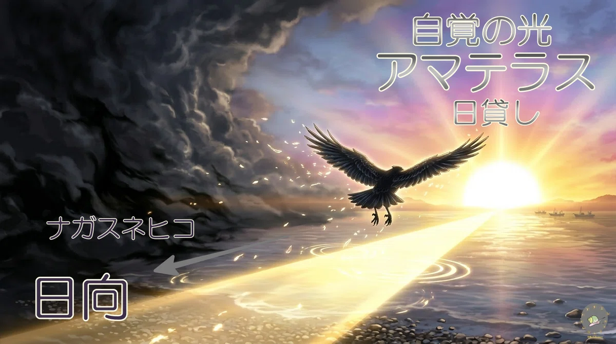 16:9の横長のアニメ風イラスト。左側は黒く渦巻く嵐のような暗雲に覆われ「日向(ひむか)」「ナガスネヒコ」の文字と矢印が記されている。中央から右側にかけて、黄金色のまばゆい朝日が水平線から昇り、海面を一直線の光の道が照らしている。その光の道の上を、一羽の八咫烏が右奥の太陽へと向かって羽ばたいており、右上には「自覚の光 アマテラス」「日貸し」の文字が白く浮かんでいる。