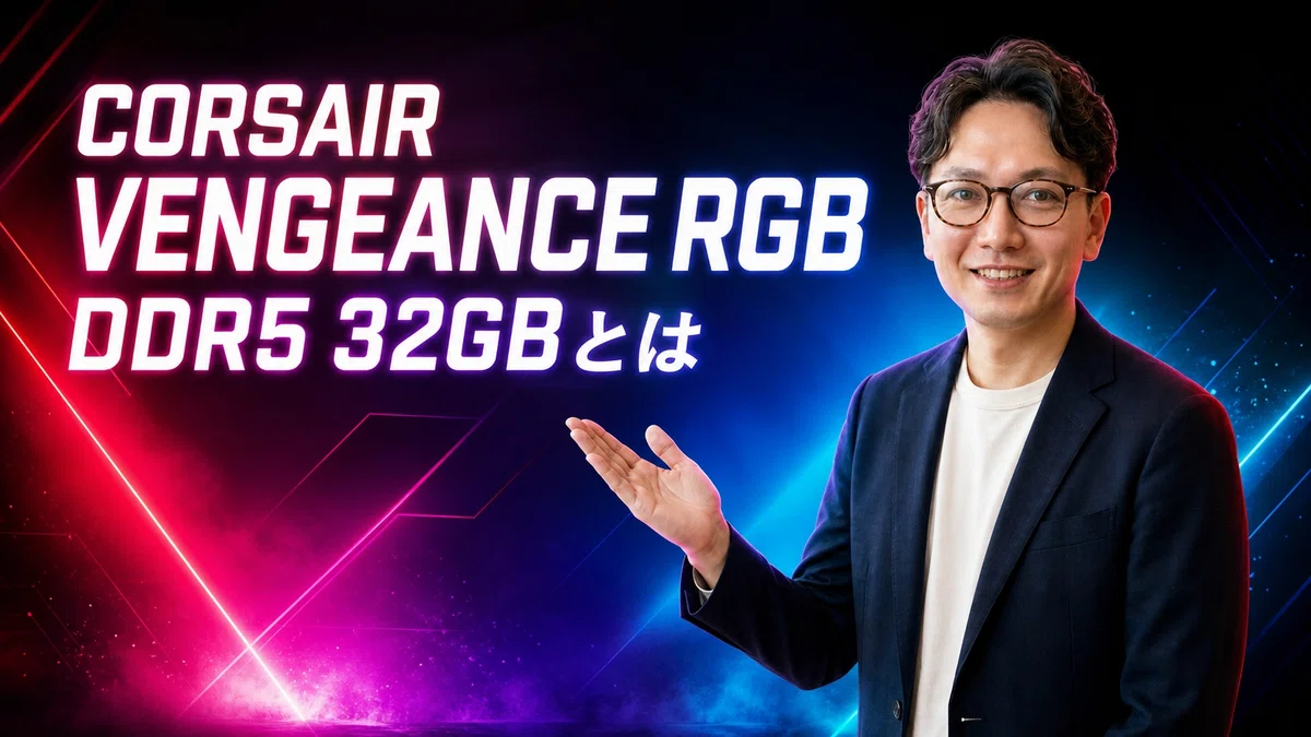 エスワン代表OMASAがCORSAIR VENGEANCE RGB DDR5メモリを紹介、片手を開いてPCコンポーネントを説明する様子。背景には鮮やかなRGB照明効果が広がり、赤・紫・青のグラデーションがゲーミングハードウェアの雰囲気を演出