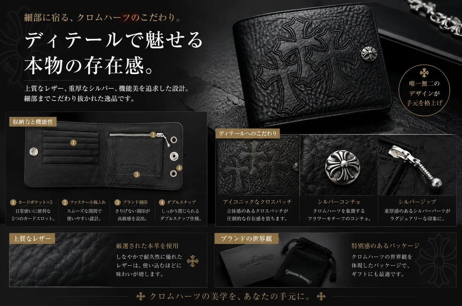 クロムハーツ　ウォレット クロムハーツ 1スナップ クロスボタン ウォレット 3セメタリークロス