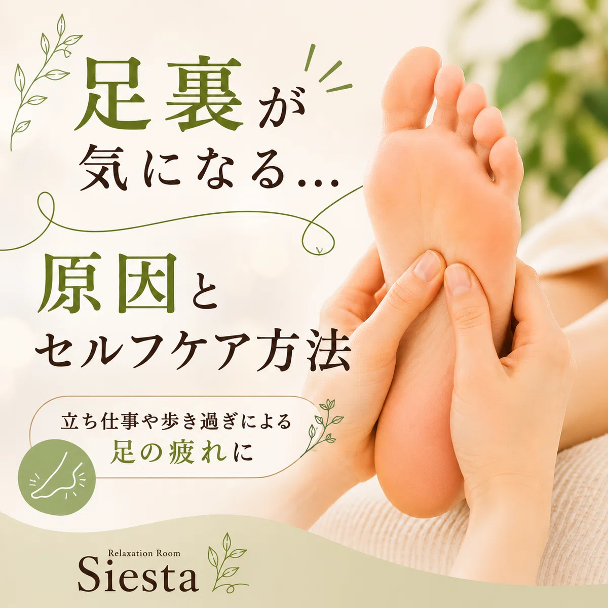足裏が気になる原因とセルフケア方法を紹介した画像。立ち仕事や歩き過ぎによる足の疲れに着目し、足裏ケアのポイントをわかりやすく伝えている。