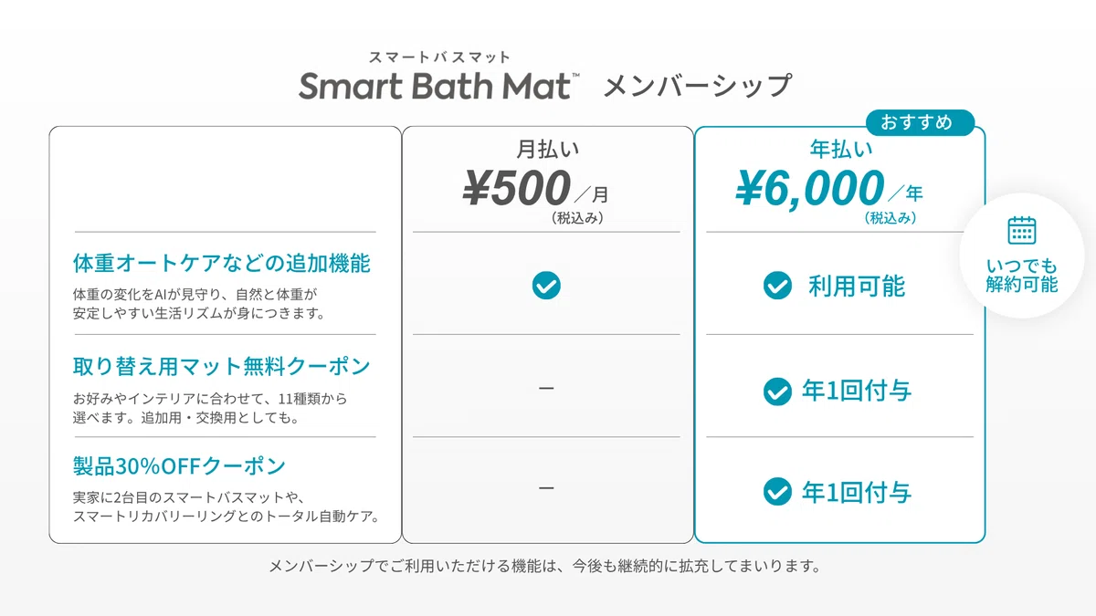 スマートバスマット メンバーシップの取り替え用マットや体重オートケア機能