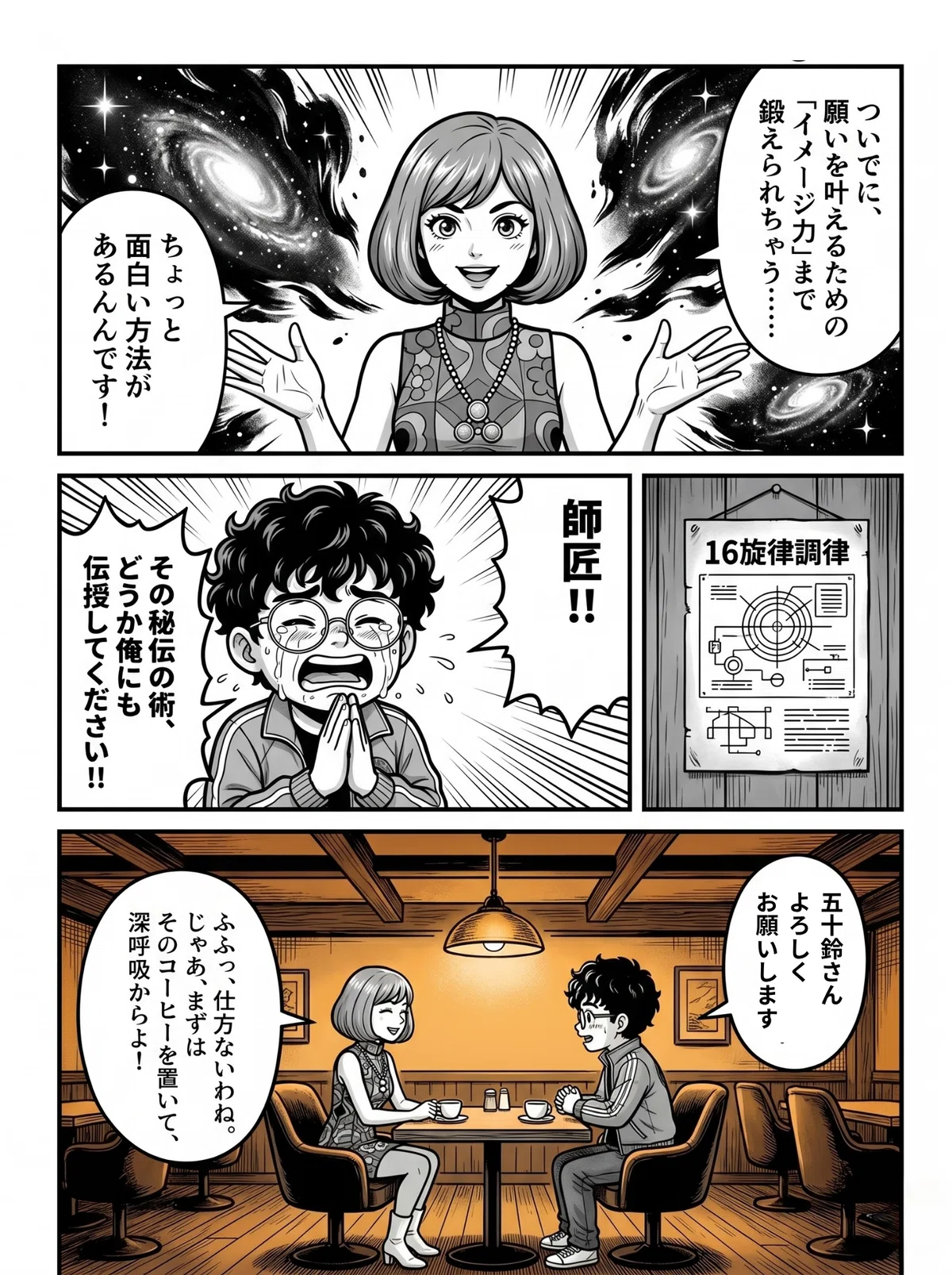 漫画4：五十鈴さんが「願いを叶えるイメージ力まで鍛えられちゃう方法がある」と宇宙背景とともに語る。オバチャンが「師匠！！」と拝み倒す。壁には「16旋律調律」のポスター。最後は純喫茶でコーヒーを前に向き合う二人のシーンで締めくくられる。