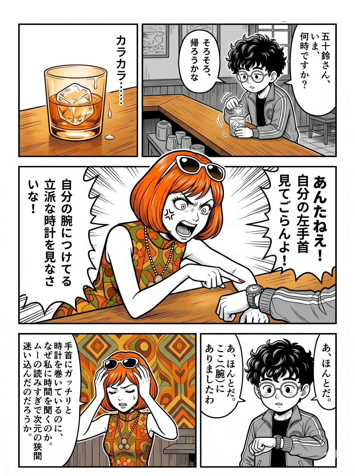 漫画1：純喫茶のカウンターで高校生男子（オバチャン）がグラスの氷をカラカラ鳴らしながら五十鈴さんに時刻を尋ねる。五十鈴さんが「自分の左手首を見てごらんよ」と指摘すると、オバチャンは腕時計が手首にあることに気づく。