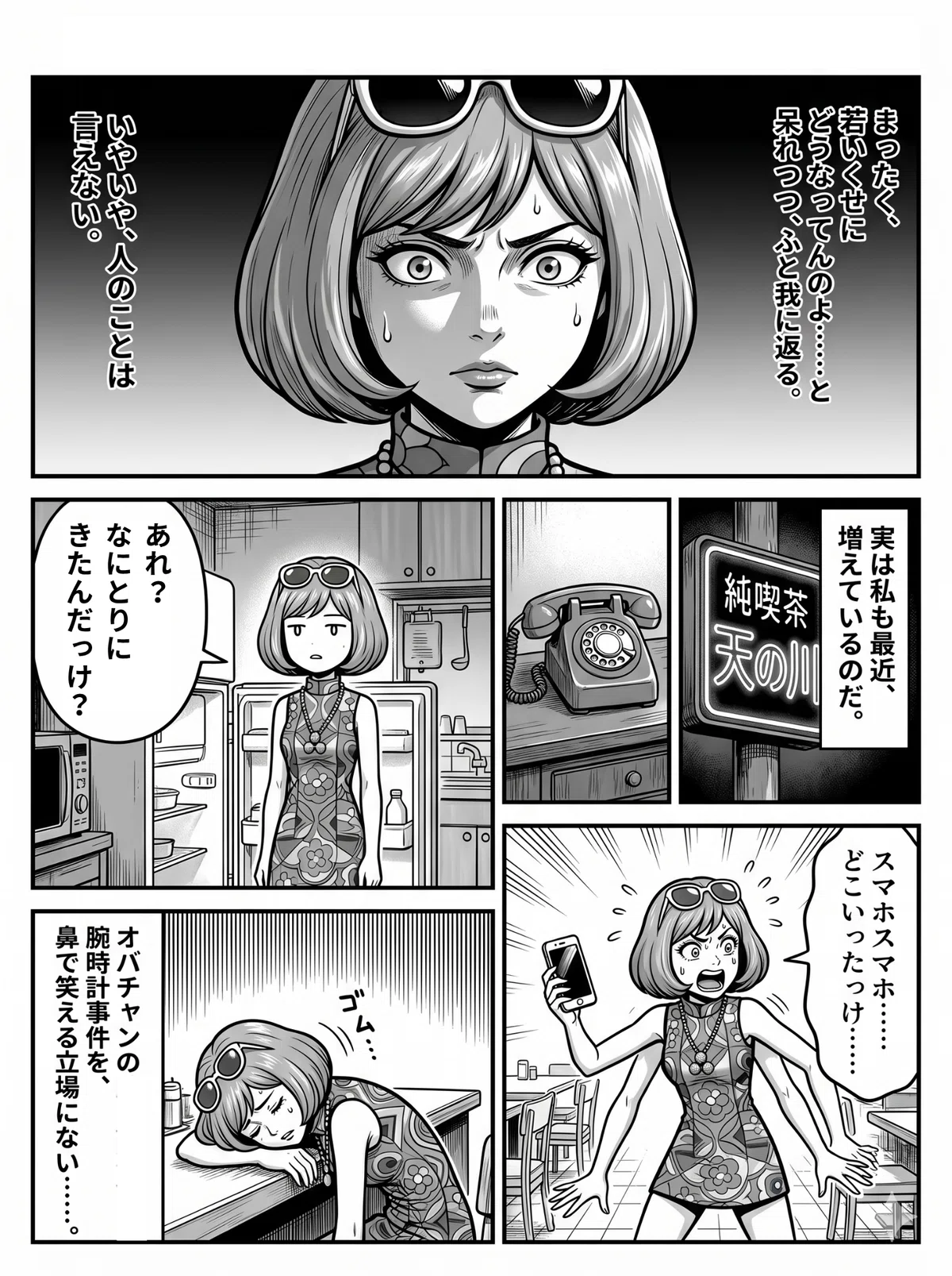 漫画2：五十鈴さんが「いやいや、人のことは言えない」と我に返る。冷蔵庫の前で「あれ？なにとりにきたんだっけ？」とフリーズする場面と、手にスマホを持ちながら「スマホどこいったっけ」と探し回る場面が描かれる。純喫茶「天の川」の看板も登場。