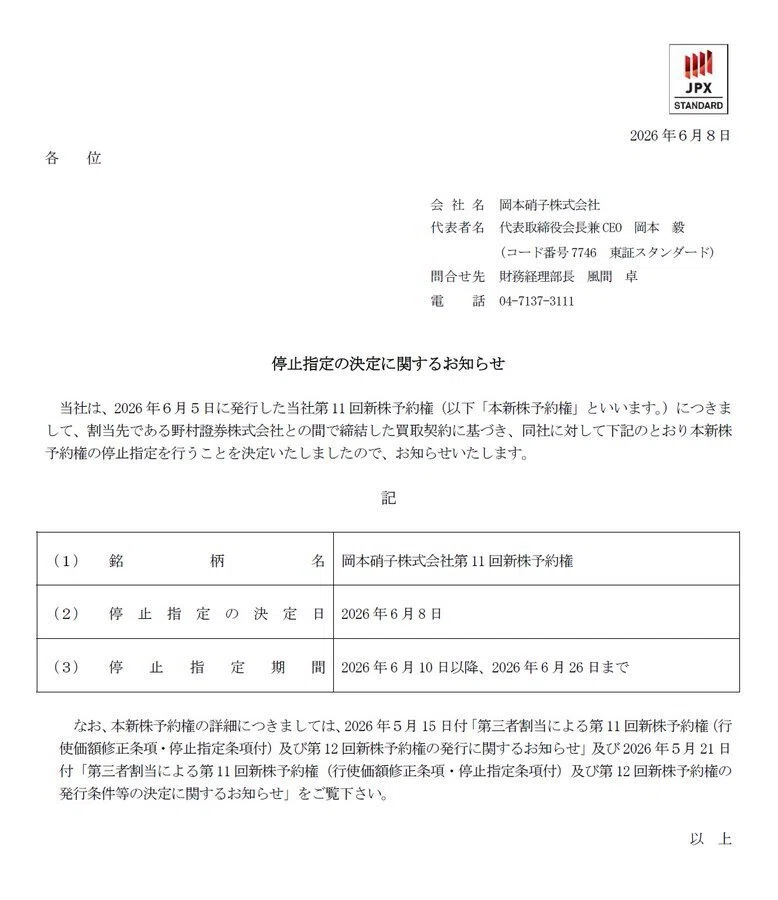 2026年6月8日 今日の気になる株速報（岡本硝子株式会社、株式会社