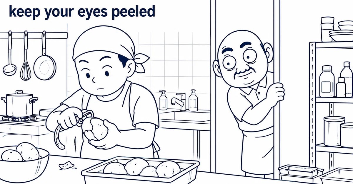 keep your eyes peeled 暗記 | 英単語を語源、連想で覚える。英語学習 、TOEICにも。｜ひで