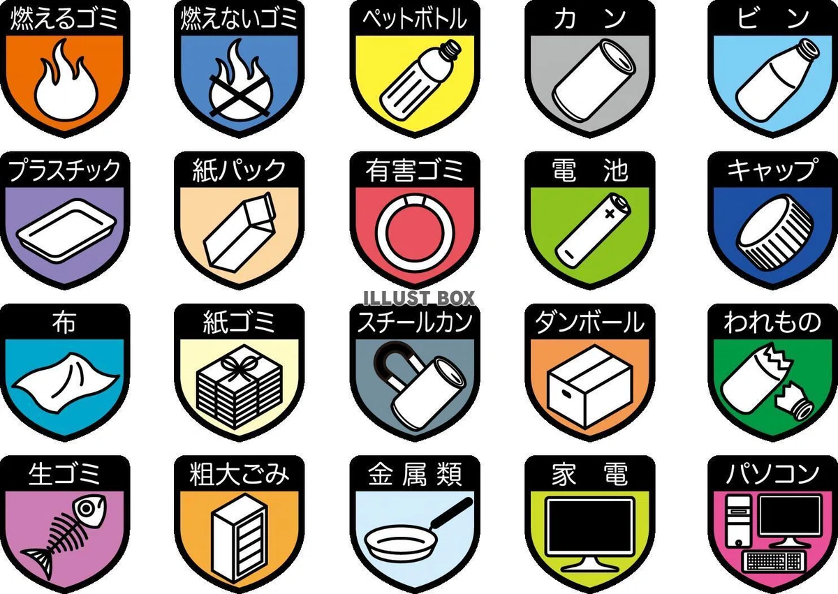 市町村など地域のゴミ出しの分別・分類マナー改善の張り紙や注意喚起の案内に活用できるかわいいイラストフリー素材|イラストボックス
