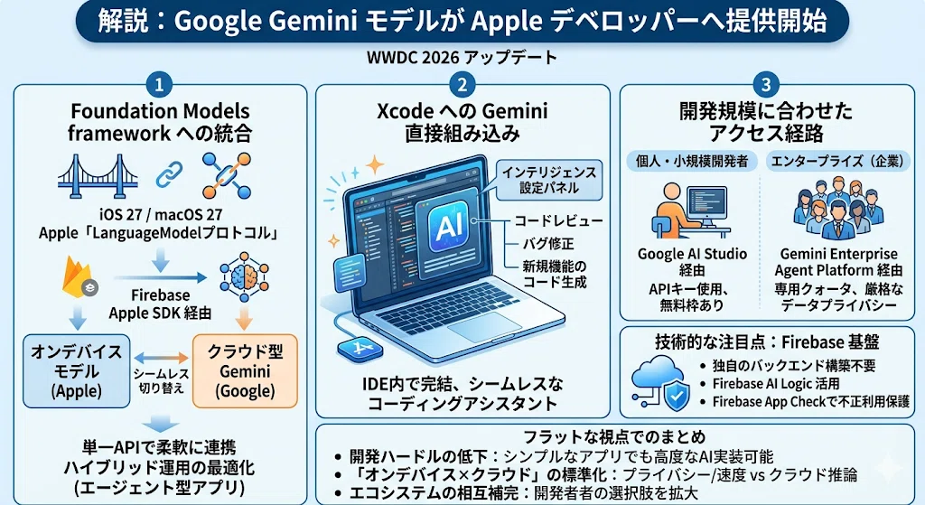 解説】GoogleがAppleデベロッパー向けにGeminiを提供開始：WWDC 2026で